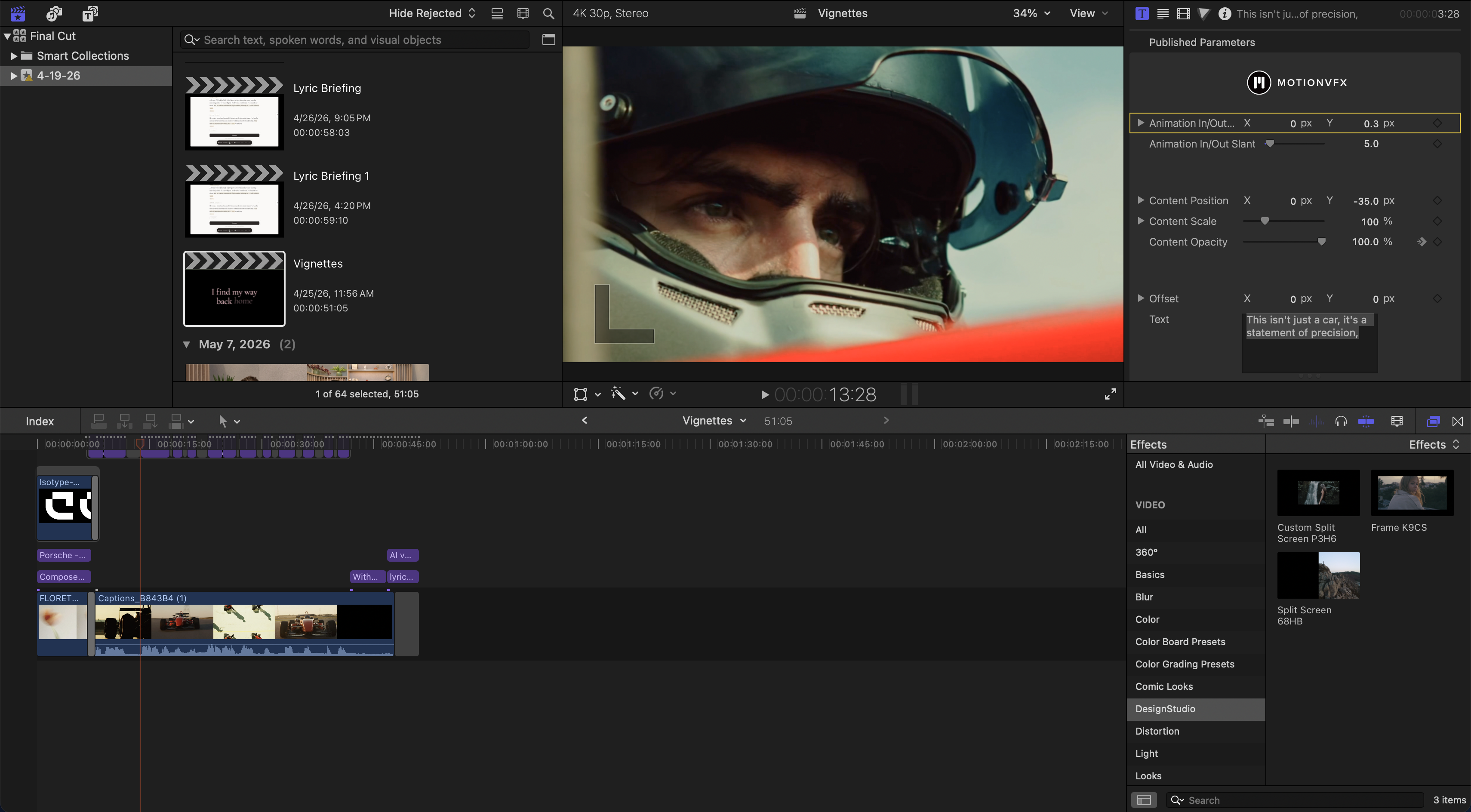 A vignette being assembled on the Final Cut Pro timeline.