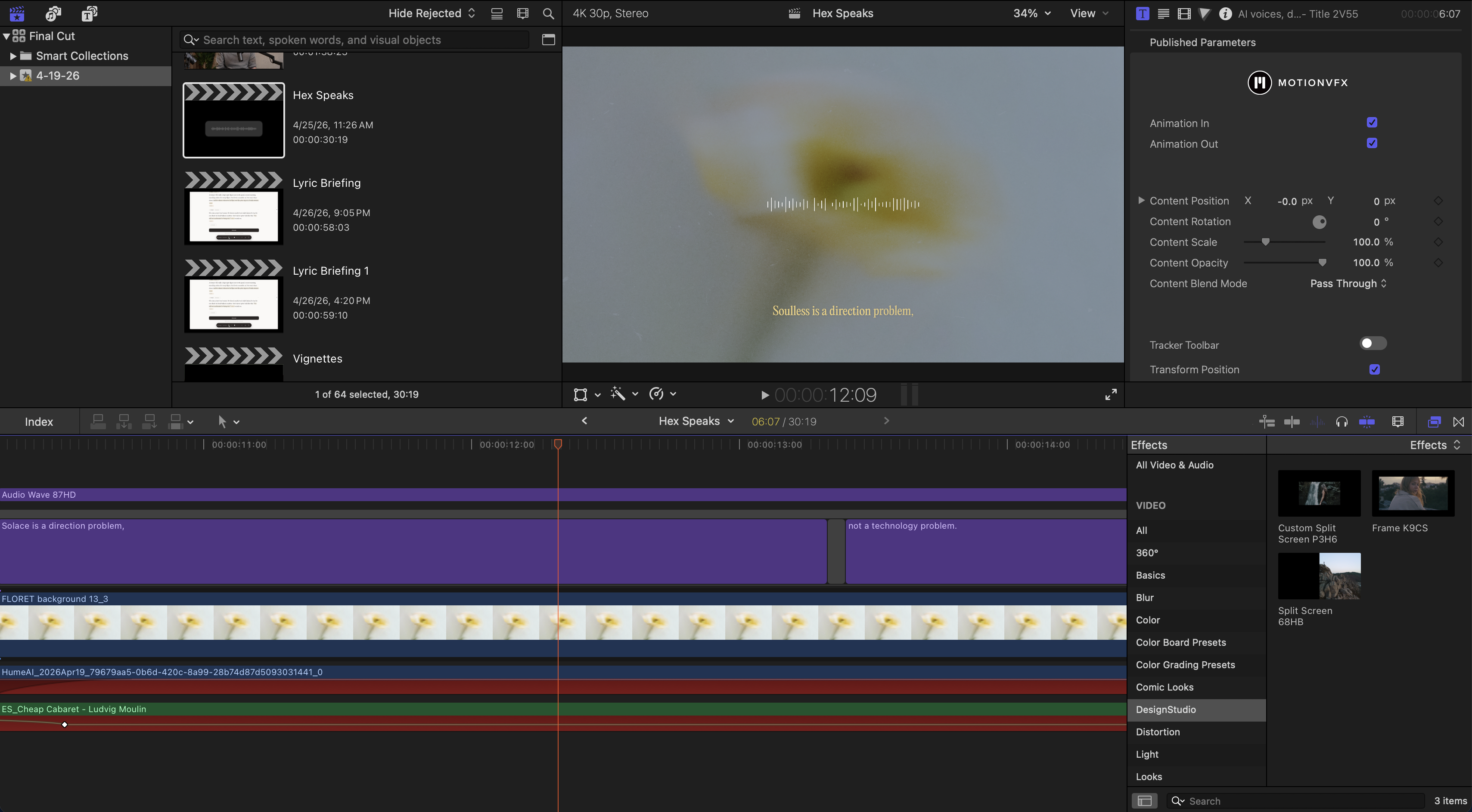 Color and titling work on the Hex Speaks timeline in Final Cut Pro.